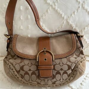 Coach soho Tan and Brown Signature Canvas Shoulder Bag with Leather Trim